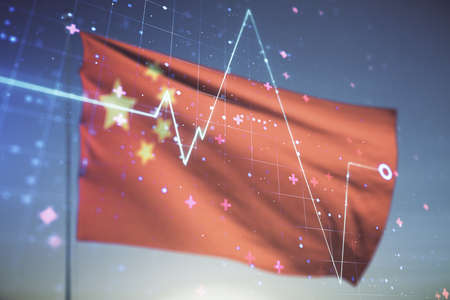 Abstract virtual heart pulse hologram on Chinese flag and sunset sky background, online medical consulting concept. Multiexposureの写真素材