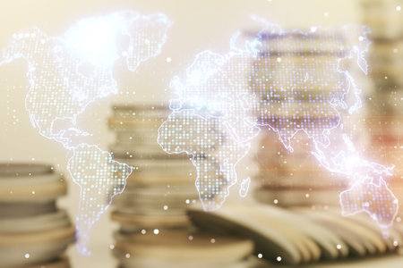 Double exposure of abstract digital world map on growing stacks of coins background, research and...