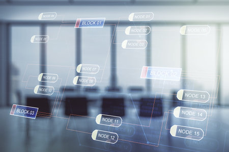 Abstract virtual coding concept on a modern conference room background. Multiexposure