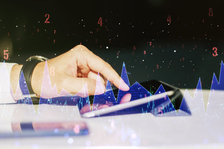 Multi exposure of stats data illustration with finger presses on a digital tablet on background,...