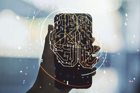 Double exposure of creative human brain microcircuit and hand with cellphone on background. Future technology and AI conceptの写真素材