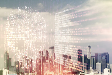 Abstract virtual code skull hologram on Los Angeles cityscape background, cybercrime and hacking...