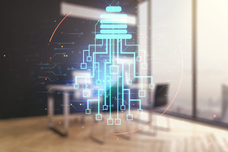 Creative light bulb illustration with microcircuit and modern desktop with pc on background, future...