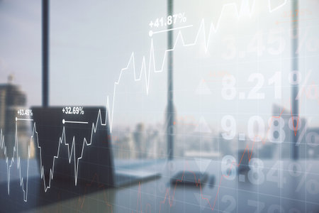 Multi exposure of abstract financial graph and modern desktop with pc on background, financial and...