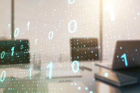 Creative abstract binary code sketch and modern desk with computer on background, hacking and matrix...