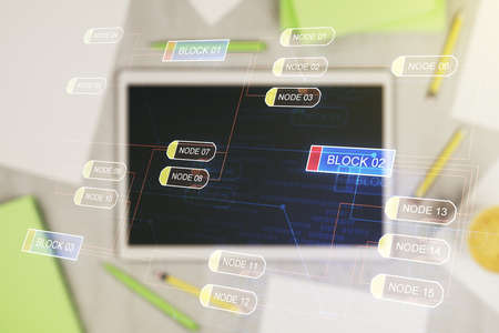 Multi exposure of abstract software development hologram and digital tablet on background, top view, research and analytics conceptの写真素材