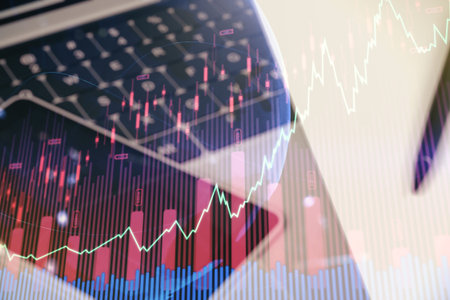 Abstract creative financial graph with world map on modern computer background, financial and...