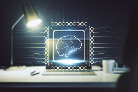Double exposure of creative artificial Intelligence symbol with modern laptop on background. Neural...