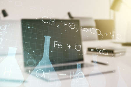 Creative chemistry illustration on modern computer background, science and research concept. Multiexposureの写真素材