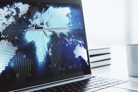 Modern computer screen with abstract creative digital world map, research and analytics concept. 3D...