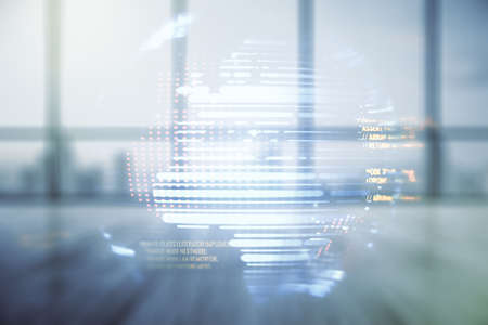 Double exposure of abstract programming language hologram and world map on empty modern office background, research and development conceptの写真素材