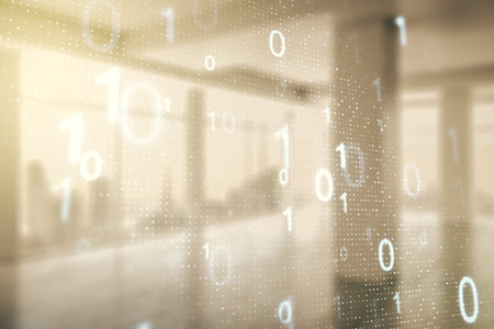 Abstract virtual binary code hologram on abstract empty interior background, AI and machine learning...