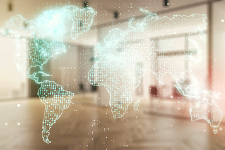 Double exposure of abstract digital world map hologram on a modern furnished office interior...