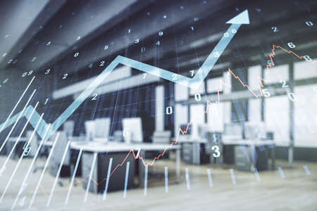 Abstract virtual financial graph and upward arrow hologram on a modern furnished classroom background, financial and trading concept. Multiexposureの写真素材