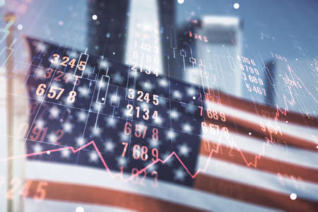 Multi exposure of stats data illustration on USA flag and blurry cityscape background, computing and analytics conceptの写真素材