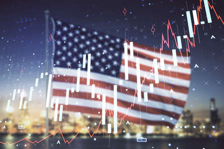 Multi exposure of virtual abstract financial graph interface on US flag and skyline background, financial and trading conceptの写真素材