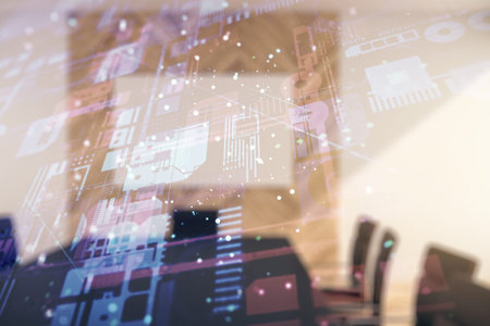 Double exposure of abstract programming language interface on a modern meeting room background,...