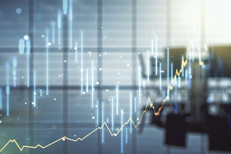 Multi exposure of virtual creative financial chart hologram on a modern meeting room background, research and analytics conceptの写真素材
