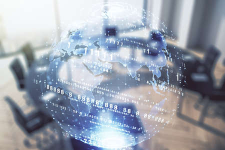 Abstract virtual coding illustration and world map on a modern coworking room background, international software development concept. Multiexposureの写真素材