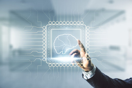 Double exposure of man hand working with creative human brain microcircuit hologram on blurred...