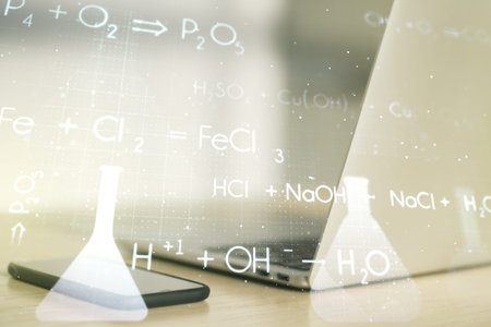 Creative chemistry hologram on modern laptop background, pharmaceutical research concept....
