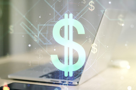 Creative concept of EURO USD symbols illustration on modern laptop background. Trading and currency...