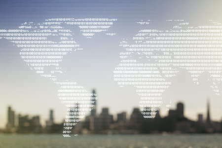 Abstract creative world map interface on blurry skyline background, international trading concept....