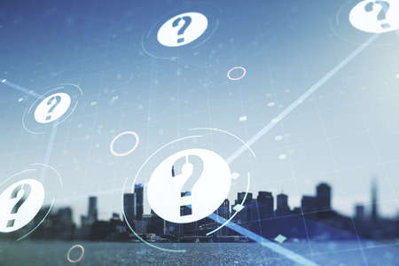 Abstract virtual question mark illustration on San Francisco skyline background. FAQ and search concept. Multiexposureの写真素材