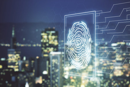 Double exposure of virtual creative fingerprint hologram on blurry office buildings background,...
