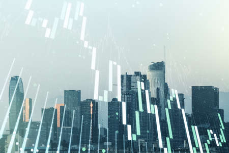 Double exposure of abstract creative financial chart hologram on Los Angeles skyscrapers background, research and strategy conceptの写真素材