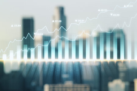 Multi exposure of virtual abstract financial diagram on blurry office buildings background, banking...