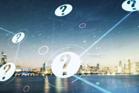 Abstract virtual question mark hologram on Chicago cityscape background, future technology concept....