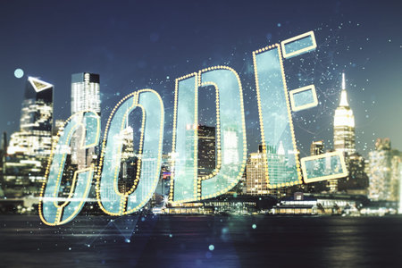 Code word hologram on New York cityscape background, international software development concept....