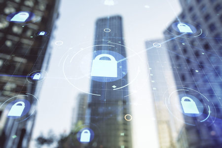 Virtual creative lock symbol and microcircuit illustration on office buildings background....