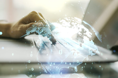 Multi exposure of abstract graphic coding sketch with world map and hands typing on computer...
