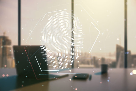 Multi exposure of creative fingerprint hologram and modern desktop with laptop on background,...