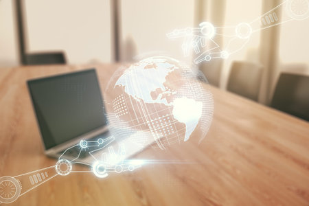 Double exposure of robotics technology with world map hologram on laptop background. Research and...