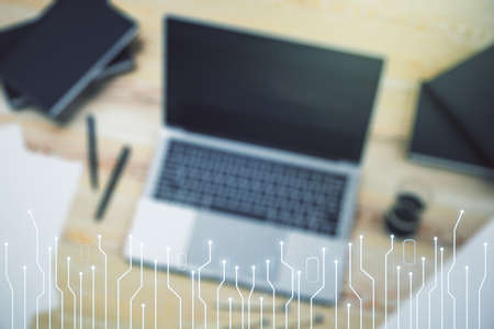 Creative concept of microscheme illustration on modern laptop background. Big data and database concept. Multiexposureの写真素材