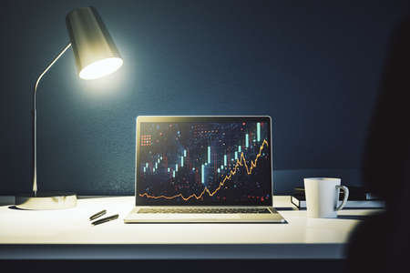 Modern computer screen with abstract financial diagram, banking and accounting concept. 3D Renderingの写真素材