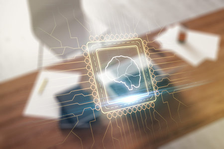 Double exposure of creative artificial Intelligence symbol and modern desktop with laptop on...