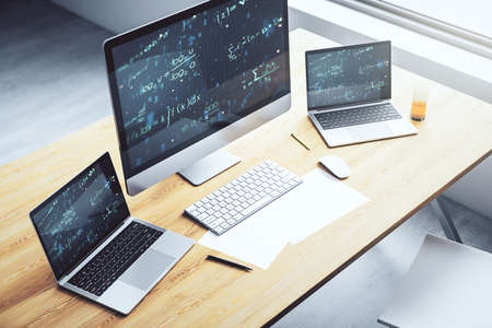 Creative scientific formula illustration on modern computer monitor, science and research concept. 3D Renderingの写真素材