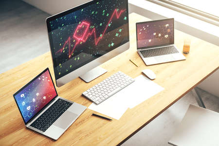Creative concept of heart pulse illustration on modern laptop screen. Medicine and healthcare concept. 3D Renderingの写真素材
