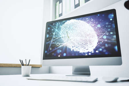 Abstract creative fingerprint concept on modern laptop screen. 3D Renderingの写真素材