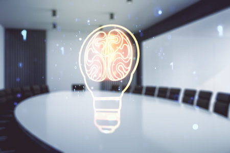 Abstract virtual idea concept with light bulb and human brain illustration on a modern conference...