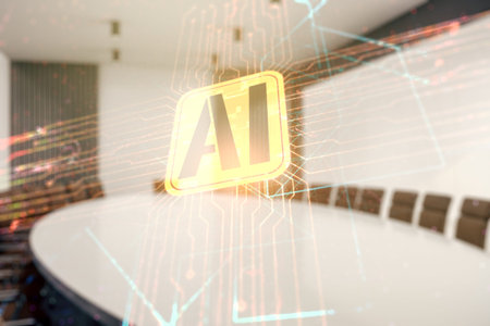 Double exposure of creative artificial Intelligence icon on a modern meeting room background. Neural...