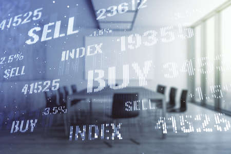 Multi exposure of virtual abstract financial graph interface on a modern coworking room background, financial and trading conceptの写真素材