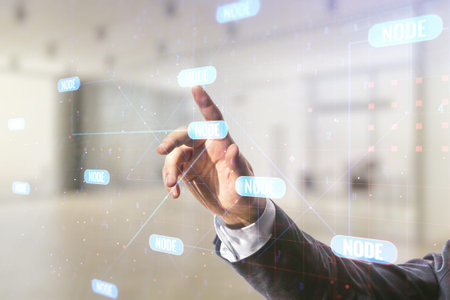 Multi exposure of man hand presses on abstract software development hologram on blurred office...