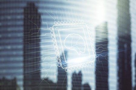 Double exposure of creative artificial Intelligence interface on modern skyscrapers background....
