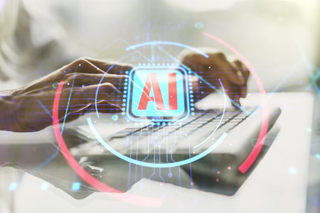 Double exposure of creative artificial Intelligence abbreviation with hand typing on computer...