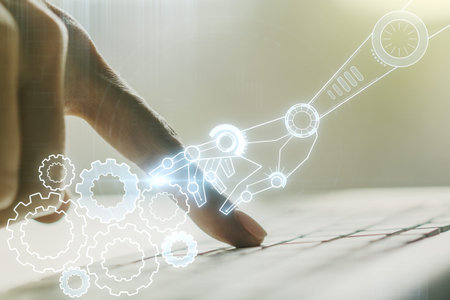 Creative abstract robotics technology hologram and hands typing on computer keyboard on background,...